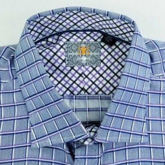 Enzone 2XL Men's Gray White Blue Purple Trim Check Long Sleeve Cotton Shirt - Picture 3 of 8